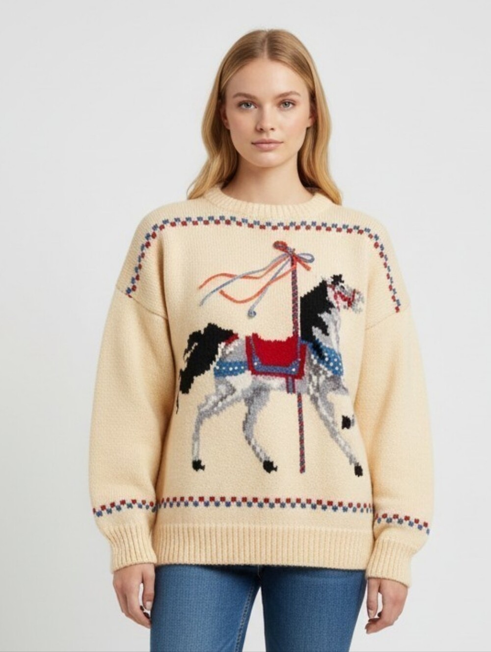 XL Hand Knit Women’s Cream Carousel Horse Crewneck Sweater 1067